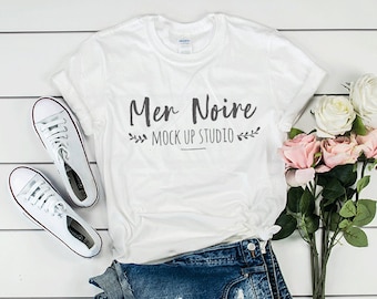 Download White Shirt Mockup Gildan Mockup 64000 Softstyle White Knotted Shirt Unisex Flatlay Mockup Gildan Softstyle Mockup Free Photoshop Psd Mockups Template