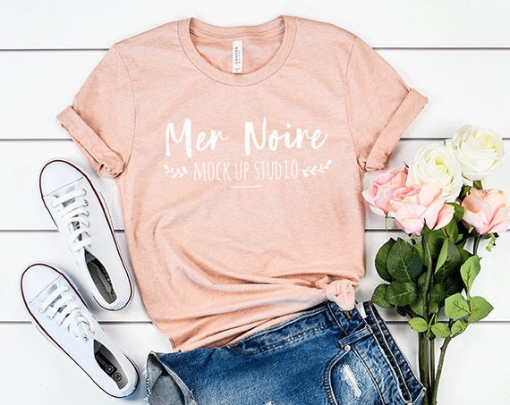 Bella Canvas Mockup 3001 Heather Prism Peach Knotted Shirt