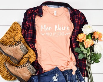 Download Free Bella Canvas Autumn Thanksgiving Plaid Shirt Mockup 3001 Heather Peach Knotted Shirt Unisex Flatlay Mockup PSD Template