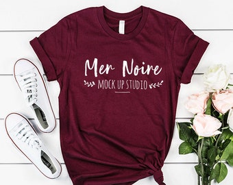 Download Free Bella Canvas mockup, 3001 Maroon, Bella Canvas Mockup 3001 Maroon Knotted Shirt Unisex Flatlay Mockup PSD Template