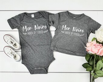 Download Free Bella Canvas Siblings Mockup 3413B 134B Grey Triblend Bodysuit Shirt Flatlay Mockup PSD Template