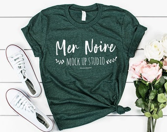 Bella Canvas Mockup 3001 Heather Forest Knotted Shirt Unisex Flatlay Mockup