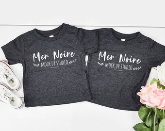 Download Free Bella Canvas Twins Mockup 3413B Charcoal Black Triblend Twin Shirts Unisex Flatlay Mockup PSD Template