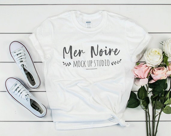 Download Free Gildan Mockup 64000 Softstyle White Knotted Shirt Unisex Flatlay (PSD) - Free Mockup ...