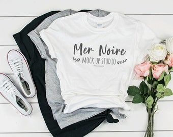 Download Free Gildan Mockup 64000 Softstyle Multioples White Black Heather Gray, Gildan t-shirt mockup PSD Template