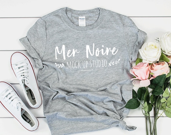 Download Gildan Mockup 64000 Softstyle Heather Gray Knotted Shirt Unisex - 13.000+ Free Downloads 3D Mockups