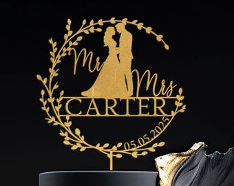 Bride Groom Cake Topper for Wedding, Custom Name and Date Wedding Cake Topper, Couple Silhouette Cake Topper, Unique Wedding Cake Topper