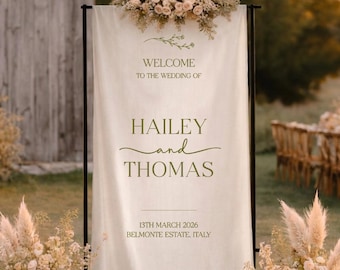 Fabric Wedding Welcome Sign, Custom Linen Welcome Sign for Wedding, Modern Wedding Decor, Wedding Banner, Engagement Party Sign