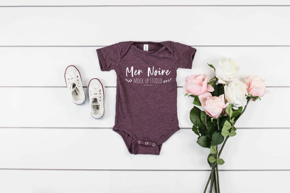 Bella Canvas 100b Kid Bodysuit Mockup Heather Maroon Flatlay Etsy