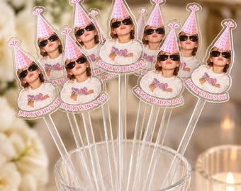 May include: A set of clear acrylic drink stirrers featuring a printed image of a person wearing sunglasses and a pink polka-dot party hat, with arms crossed. The text "LOOK WHO'S 30!" is printed in pink at the bottom of each circular topper.