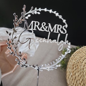 Gold Hochzeitstorte Topper, Mr Mrs Cake Topper, Hochzeitstorte Topper, Hochzeitstorte Topper, Jubiläum Topper, Personalisierter Kuchen Topper, Rustikal Silver Mirror