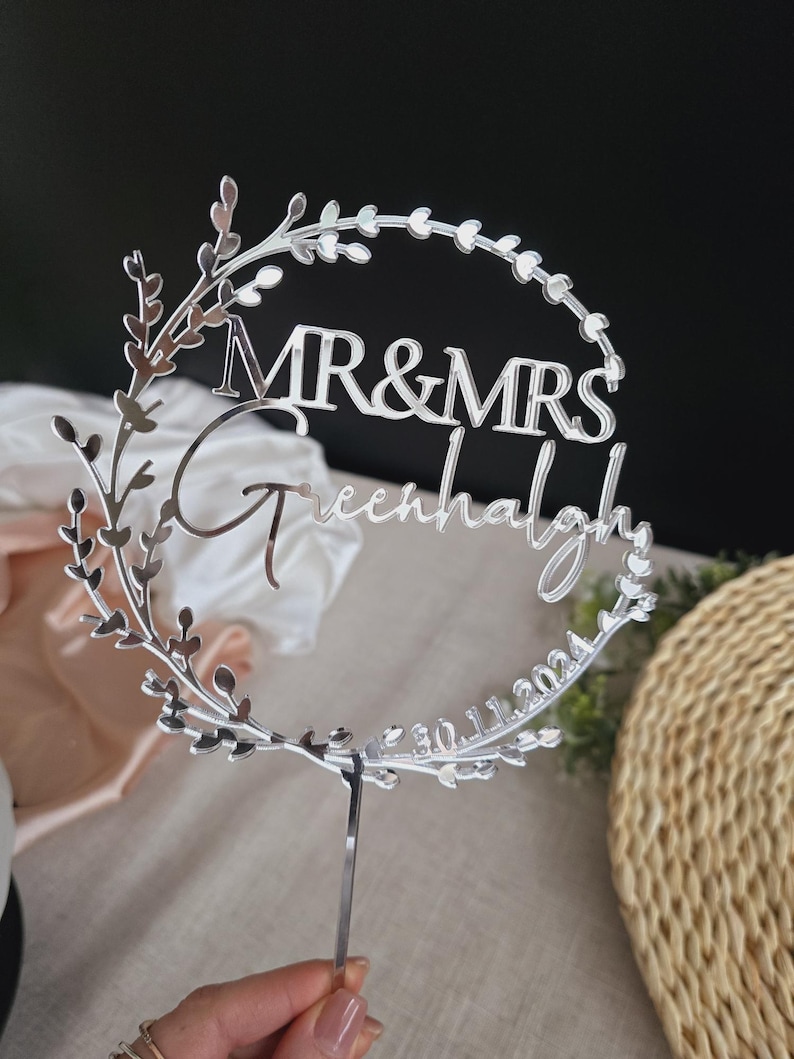 Gold Hochzeitstorte Topper, Mr Mrs Cake Topper, Hochzeitstorte Topper, Hochzeitstorte Topper, Jubiläum Topper, Personalisierter Kuchen Topper, Rustikal Silver Mirror