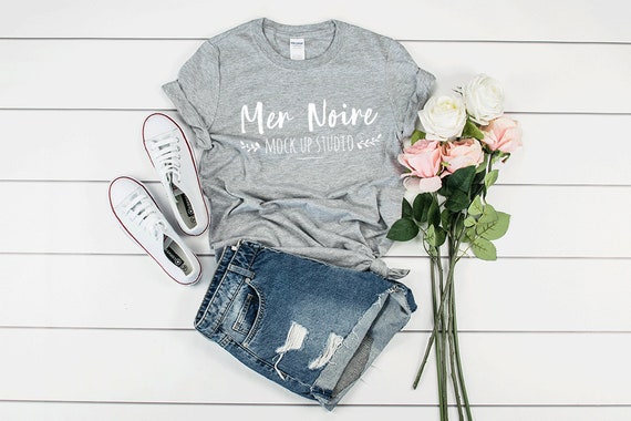 Download Gray Shirt Mockup Gildan Mockup 64000 Softstyle White Knotted Etsy