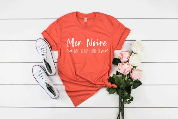 Bella Canvas Mockup 3001 Coral Knotted Shirt Unisex Flatlay Etsy