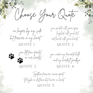 Pode incluir: Um fundo branco com detalhes florais verdes e glitter dourado. O texto "Choose Your Quote" est&aacute; no topo da imagem. Cinco cita&ccedil;&otilde;es diferentes s&atilde;o listadas abaixo, cada uma com um n&uacute;mero correspondente. As cita&ccedil;&otilde;es s&atilde;o sobre lembrar um animal de estima&ccedil;&atilde;o que faleceu.