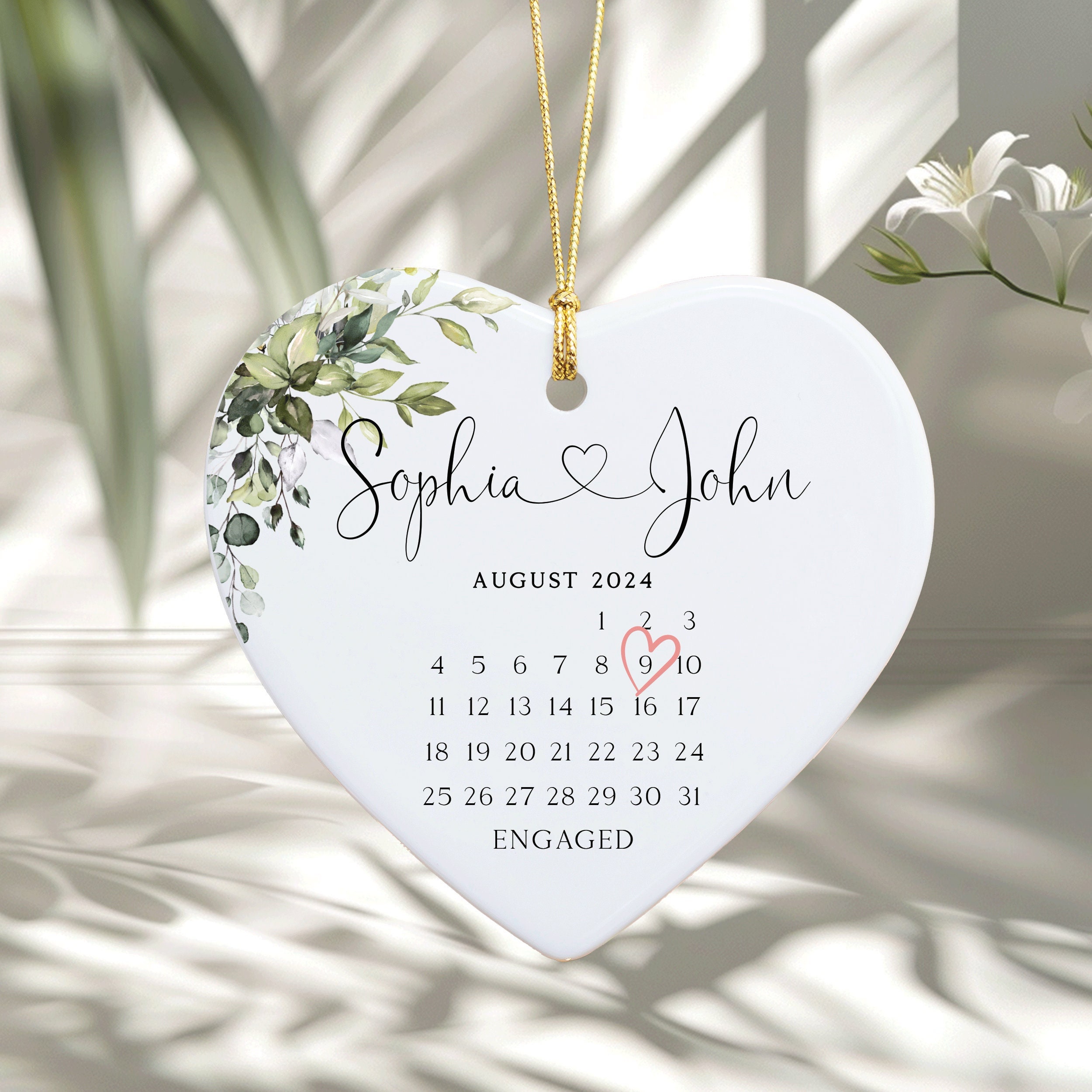 Engaged Ornament, Wedding Gift, Gift for Engagement, Engagement Date Ornament, Calendar Anniversary Gift, Engaged Ceramic Ornament