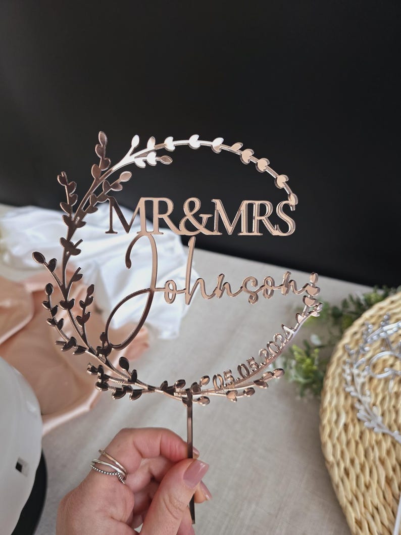 Gold Hochzeitstorte Topper, Mr Mrs Cake Topper, Hochzeitstorte Topper, Hochzeitstorte Topper, Jubiläum Topper, Personalisierter Kuchen Topper, Rustikal Copper Mirror