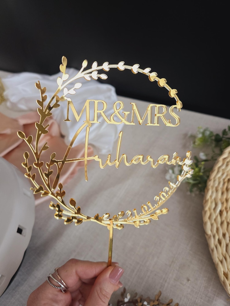 Gold Hochzeitstorte Topper, Mr Mrs Cake Topper, Hochzeitstorte Topper, Hochzeitstorte Topper, Jubiläum Topper, Personalisierter Kuchen Topper, Rustikal Gold Mirror