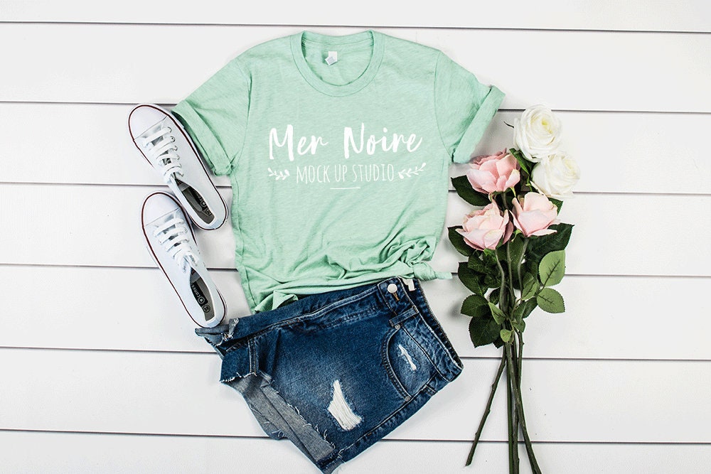 Bella Canvas Mockup 3001 Heather Prism Mint Knotted Shirt With Etsy