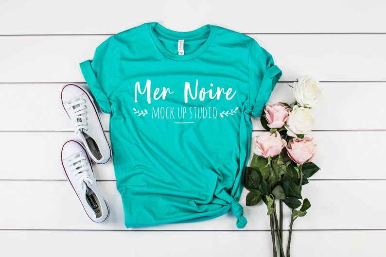 Download Bella Canvas Mockup 3001 Teal Knotted Shirt Unisex Flatlay ...