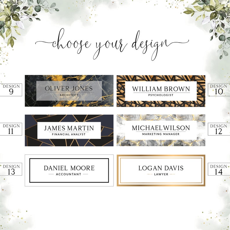 May include: A set of ten business card designs featuring different backgrounds and text layouts. The designs include marble, geometric patterns, and solid colors. The text includes the names "Oliver Jones", "William Brown", "James Martin", "Michael Wilson", "Daniel Moore", and "Logan Davis" along with their job titles.