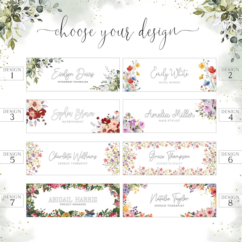 May include: Eight different designs for a floral business card. Each design features a different name and job title, with a floral border. The designs are numbered 1 through 8.
