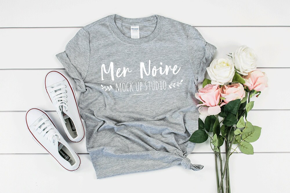 Download Gildan Mockup 64000 Softstyle Heather Gray Knotted Shirt ...