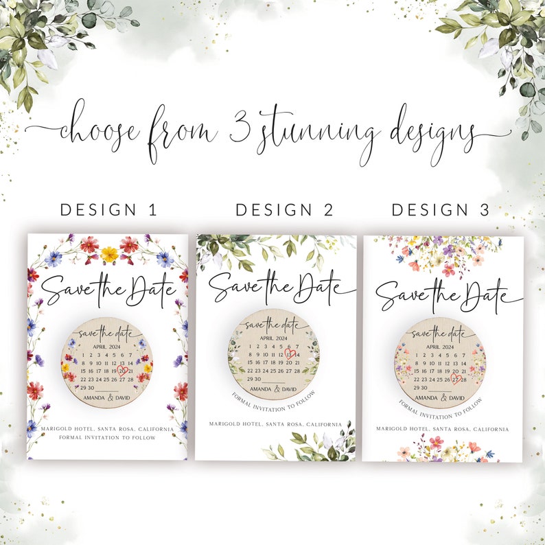 Puede incluir: Tres tarjetas de guardar la fecha con dise&ntilde;os florales. Cada tarjeta presenta un c&iacute;rculo con un calendario y el texto "Save the Date" y "Abril 2024". Las tarjetas tambi&eacute;n incluyen los nombres "Amanda & David" y el texto "Marigold Hotel, Santa Rosa, California. Invitaci&oacute;n formal a seguir."
