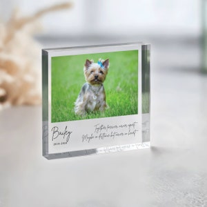 Pode incluir: Um bloco de foto de acr&iacute;lico transparente com uma imagem de um pequeno c&atilde;o castanho e branco com um la&ccedil;o azul. O texto "Bailey 2010-2024" est&aacute; impresso no bloco, juntamente com a cita&ccedil;&atilde;o "Juntos para sempre, nunca separados. Talvez na dist&acirc;ncia, mas nunca no cora&ccedil;&atilde;o."