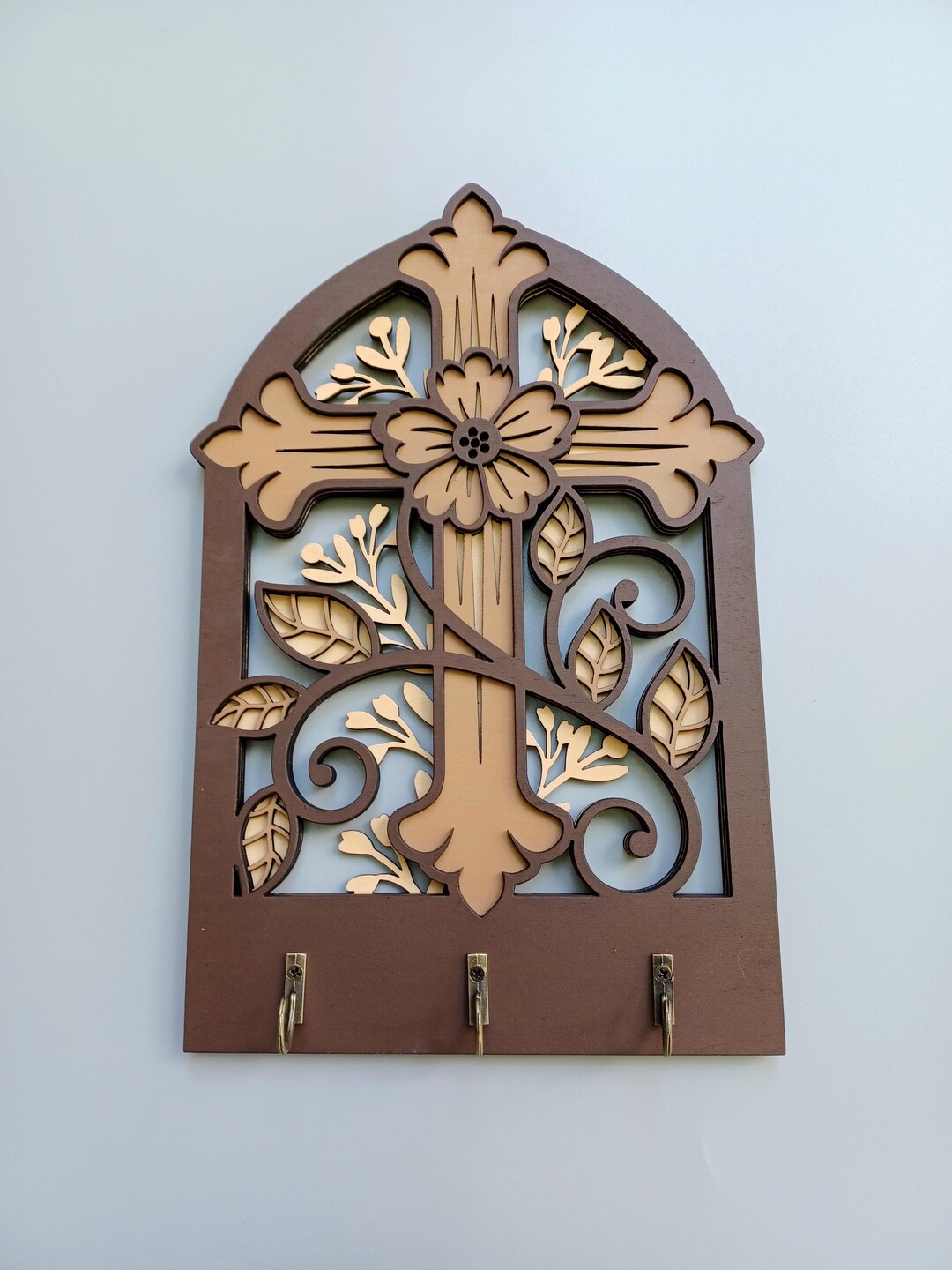 Floral Cross Key Holder: Handmade Wood Wall Hook Sign - Etsy