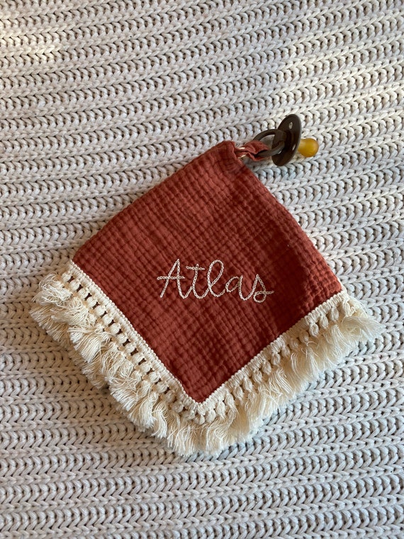 Personalized Lovey Security Blanket// Pacifier Holder// Boho style// Tassel Baby Blanket