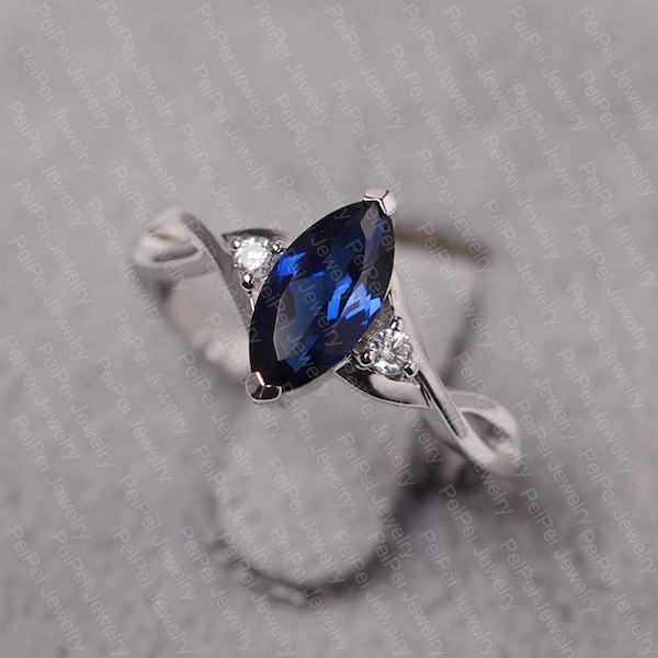 Sapphire ring silver marquise cut engagement ring September birthstone customized ring for women
