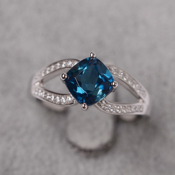 London Blue Topaz Ring Cushion Cut Gemstone Silver Engagement | Etsy