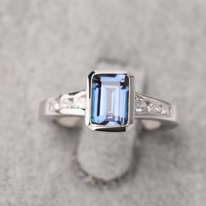 Dainty Alexandrite Anniversary Ring Emerald Cut Color Changing Stone June Birthstone Bezel Setting