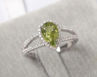Natural peridot ring peridot engagement ring pear cut ring sterling silver ring August birthstone ring