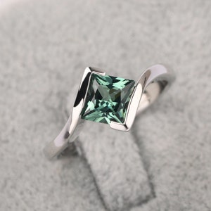 Minimalist green sapphire ring sterling silver princess cut bypass anniversary ring for women