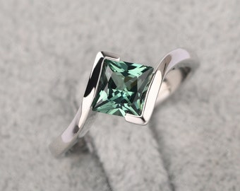 Minimalist green sapphire ring sterling silver princess cut bypass anniversary ring for women