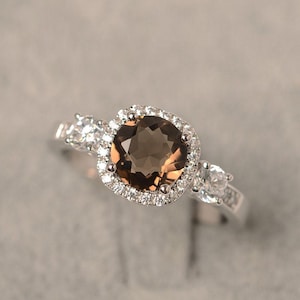 Smoky quartz ring round cut sterling silver halo engagement ring for women