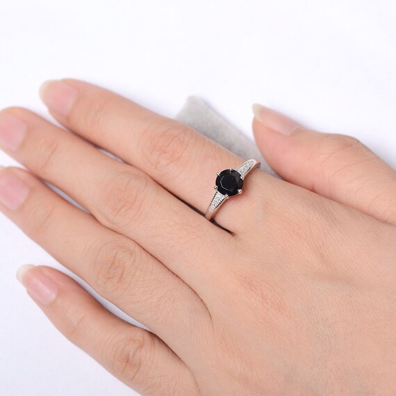 Black Spinel Ring Round Cut Black Gemstone Ring White Gold