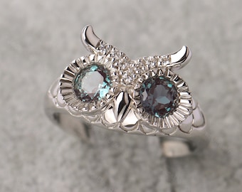 Unique Owl Ring Sterling Silver Alexandrite Ring Animal Ring Color Changing June Birthstone Stone