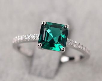 Delicate Emerald Anniversary Ring Asscher Cut 14k White Gold May Birthstone Ring