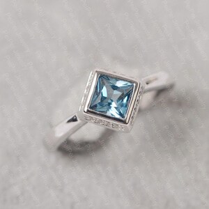 London blue topaz ring princess cut blue stone white gold wedding ring for women
