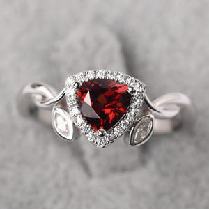 Trillion cut garnet bridal ring sterling silver tree branch engagement ring January birthstone