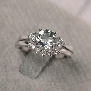 Aquamarine bridal ring Sets sterling silver round cut curved wedding band ring March birthstone
