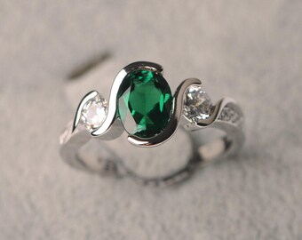 Emerald ring engagement 925 sterling silver ring  oval cut ring for women