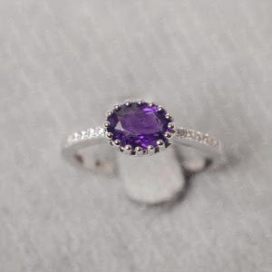 Amethyst ring oval cut February birthstone purple stone ring sterling silver engagement ring