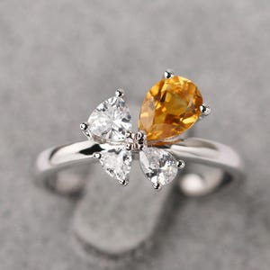 Citrine 4 Stones Mothers Ring 14K Gold Butterfly Ring Pear Shaped November Birthstone