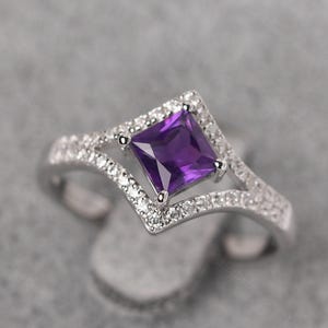 Pave setting amethyst anniversary ring sterling silver kite setting February birthstone ring