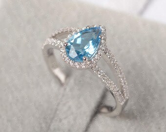 Genuine Swiss blue topaz ring pear shape halo silver ring topaz engagement ring November birthstone