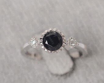 Black spinel ring round cut black stone ring sterling silver wedding ring